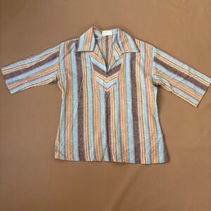 Vintage 60s 70s Men Striped V-Neck Tunic Top Textured Medium Surfer Hippie Retro